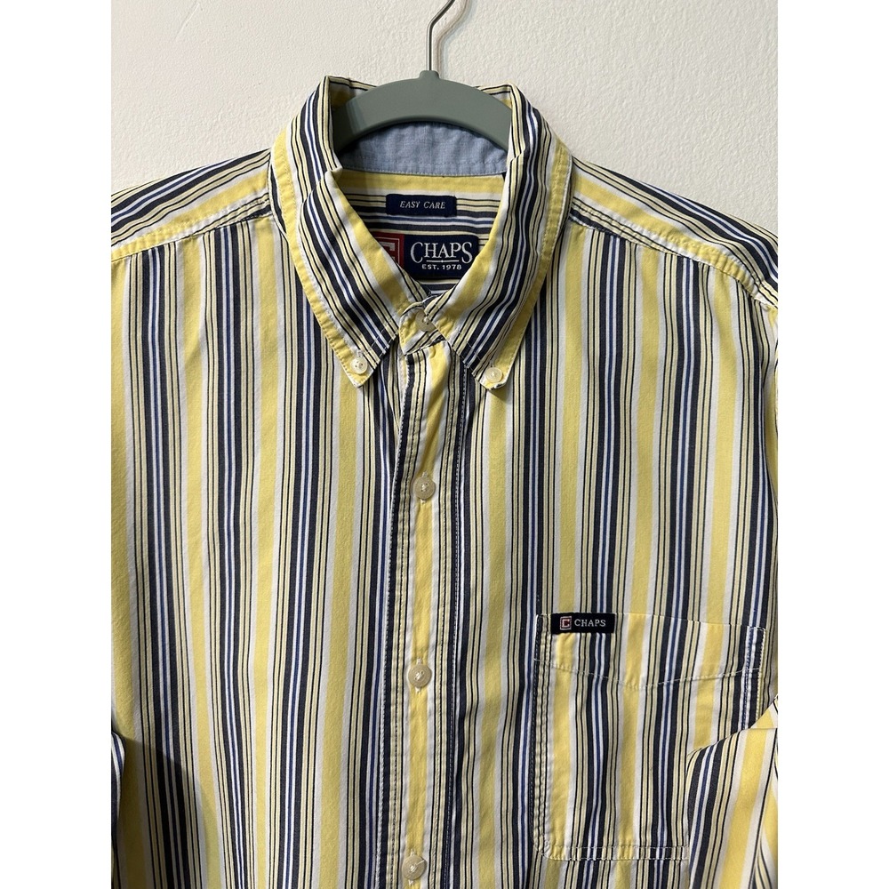 Chaps Mens Easy Care Long Sleeve Button Down Shirt Size Large Yellow Blue Stripe